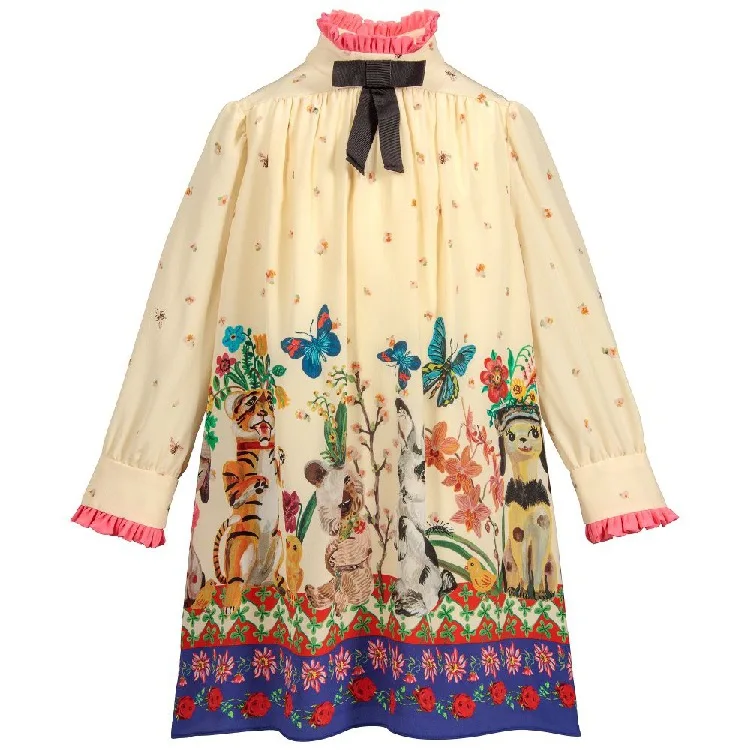 Новое Осеннее Брендовое дизайнерское платье принцессы для девочек детское праздничное платье с рисунком животных Детские костюмы с рюшами и бантом