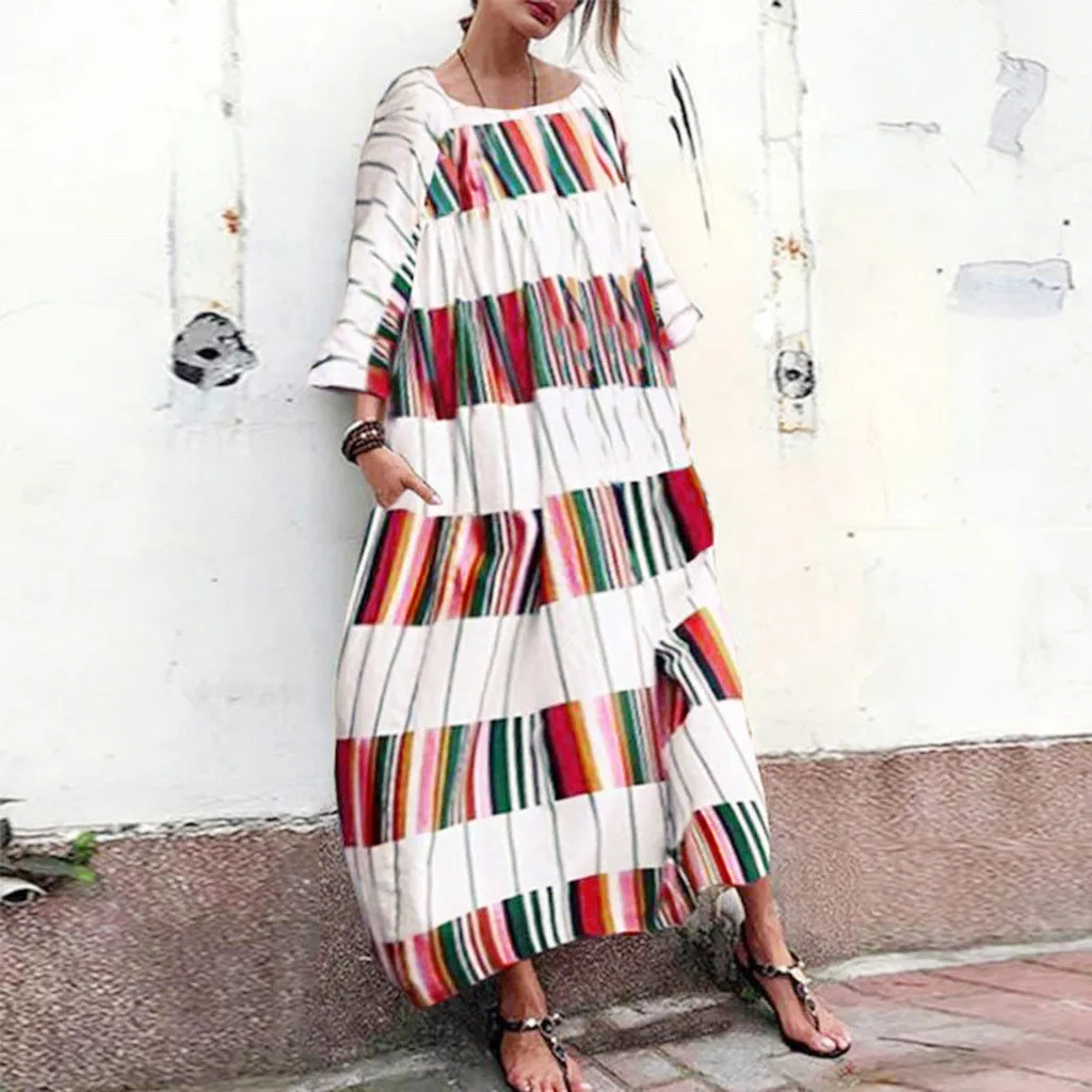 

Colorful Striped Loose Maxi Party Dress Long Sleeve Round Neck Long Dress 2019 Ladies Beach Dress Vestidos