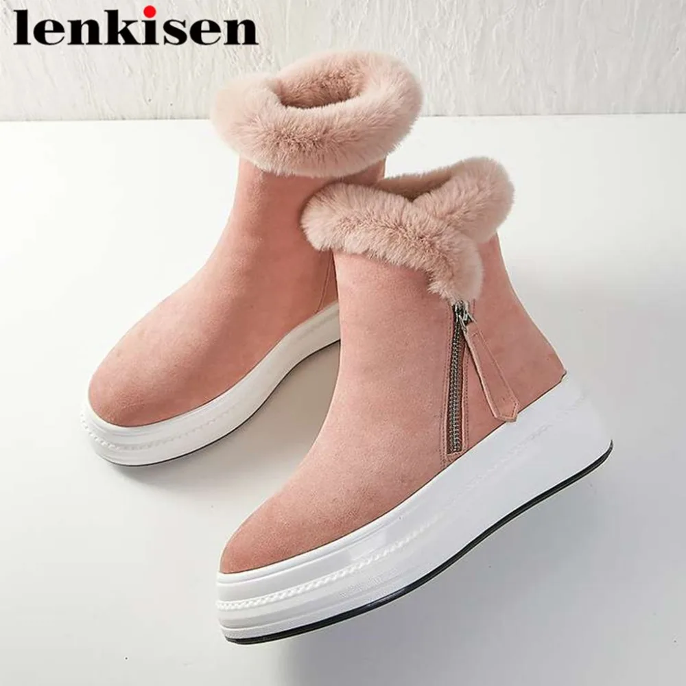 

Lenkisen concise winter warmful snow luxury real fur metal zipper natural leather waterproof round toe woman mid-calf boots L2f5