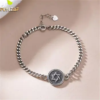 

Flyleaf vintage Six-star round Real 925 Sterling Silver Bracelets For Women Fine Jewelry Bracelets & Bangles ins style