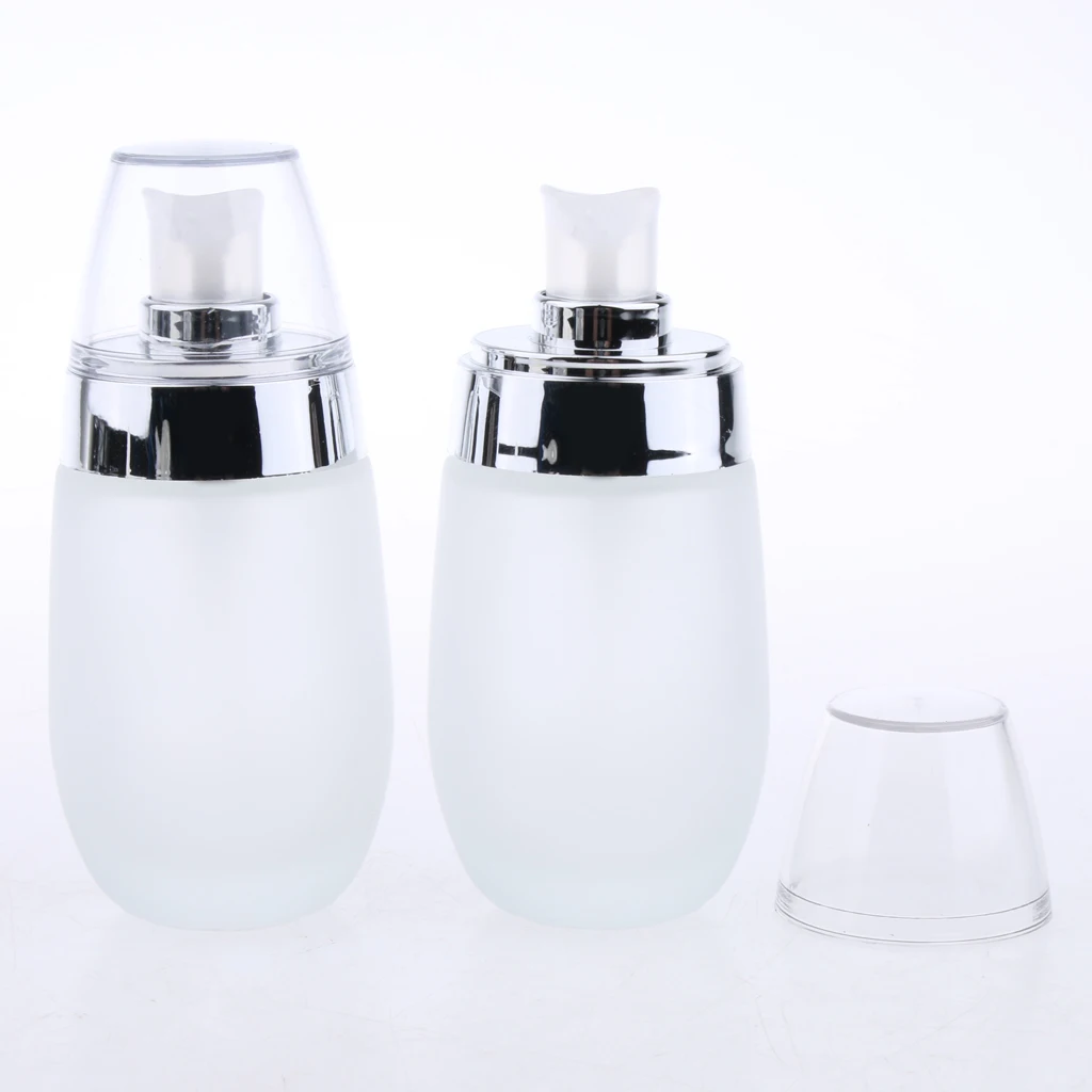 2Pcs Frosting Glass Refillable Empty Pump Lotion Body Wash Hand Wash Liquid Spray Bottle Makeup Container Vials, 50ml