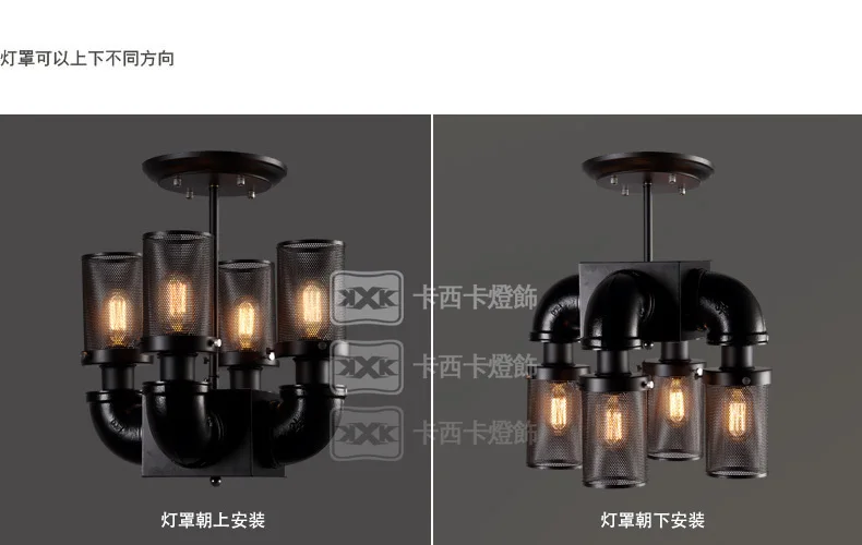 Nordic vintage rural style industry loft black antique iron 4 water pipe ceiling lamps with Edison bulbs in bar or cafe