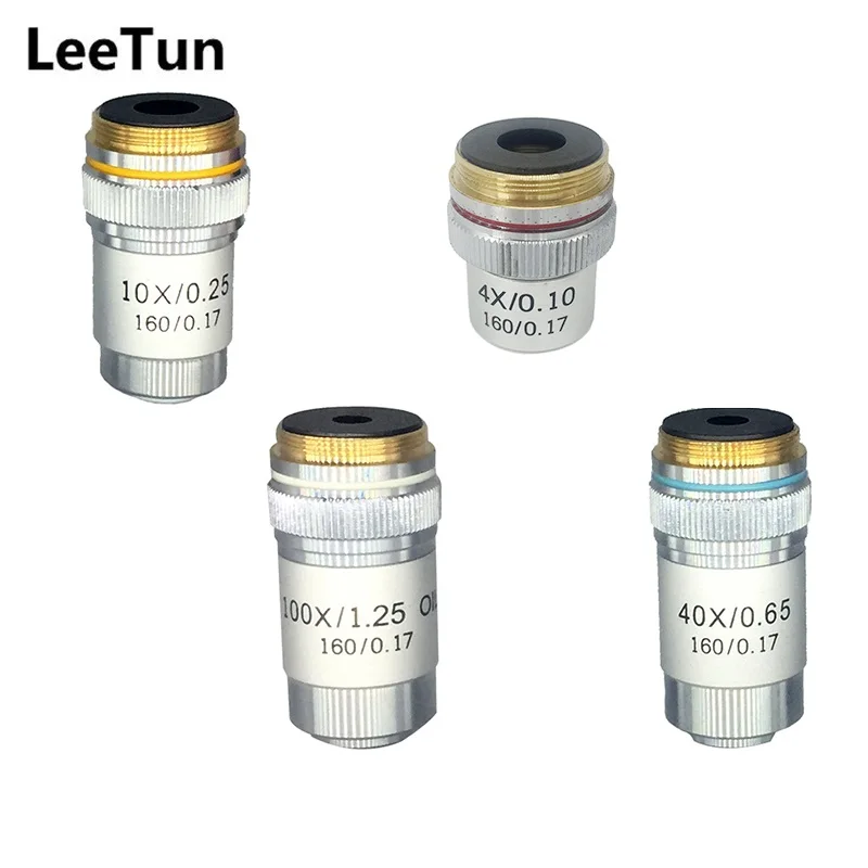 

One Set 4X 10X 40X 100X 195 mm Conjugate Distance HD DIN Achromatic Objective Lens for Biological Microscope 160/0.17