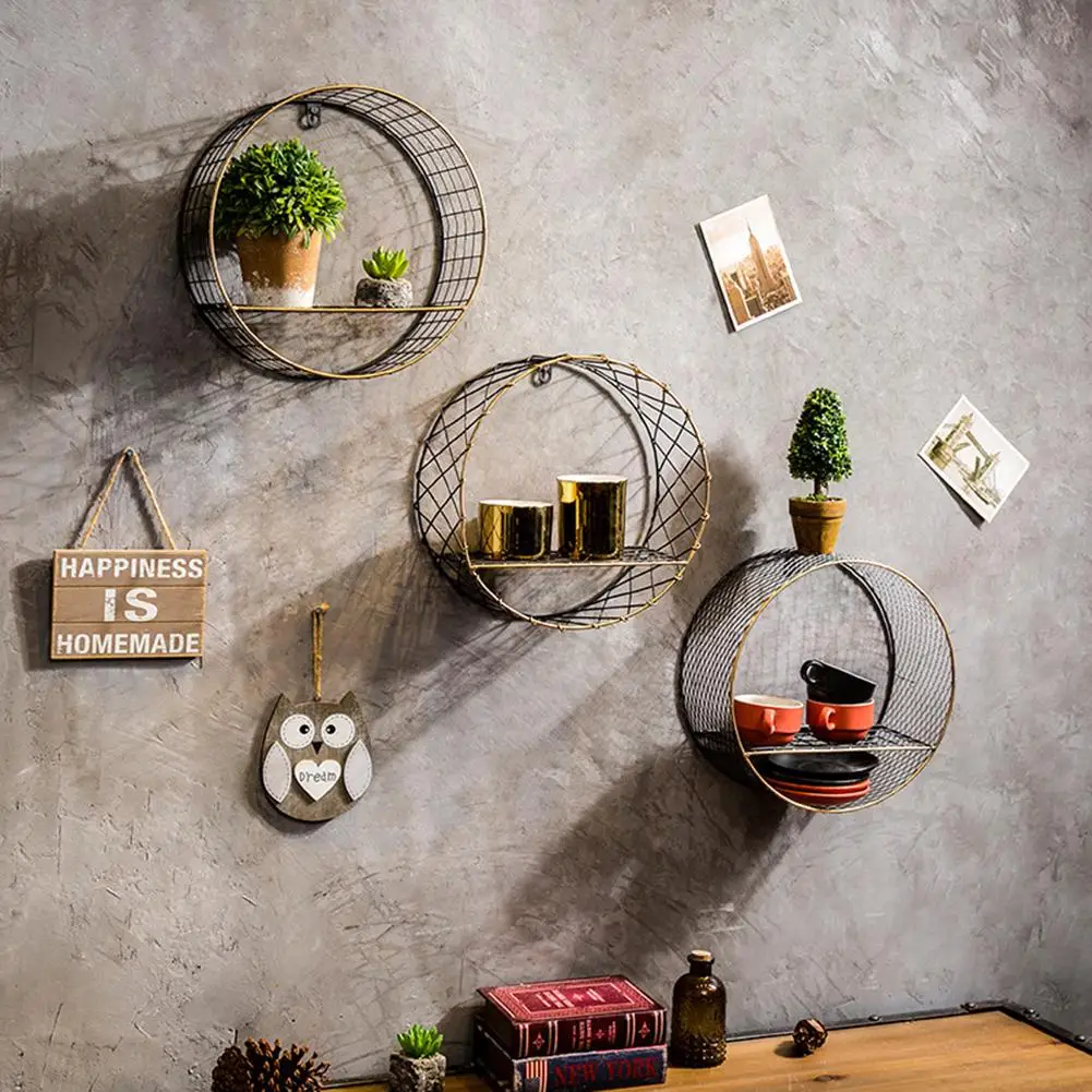 3 Sizes Retro Wall Mounted Metal Rack Circular Mesh Iron Shelf