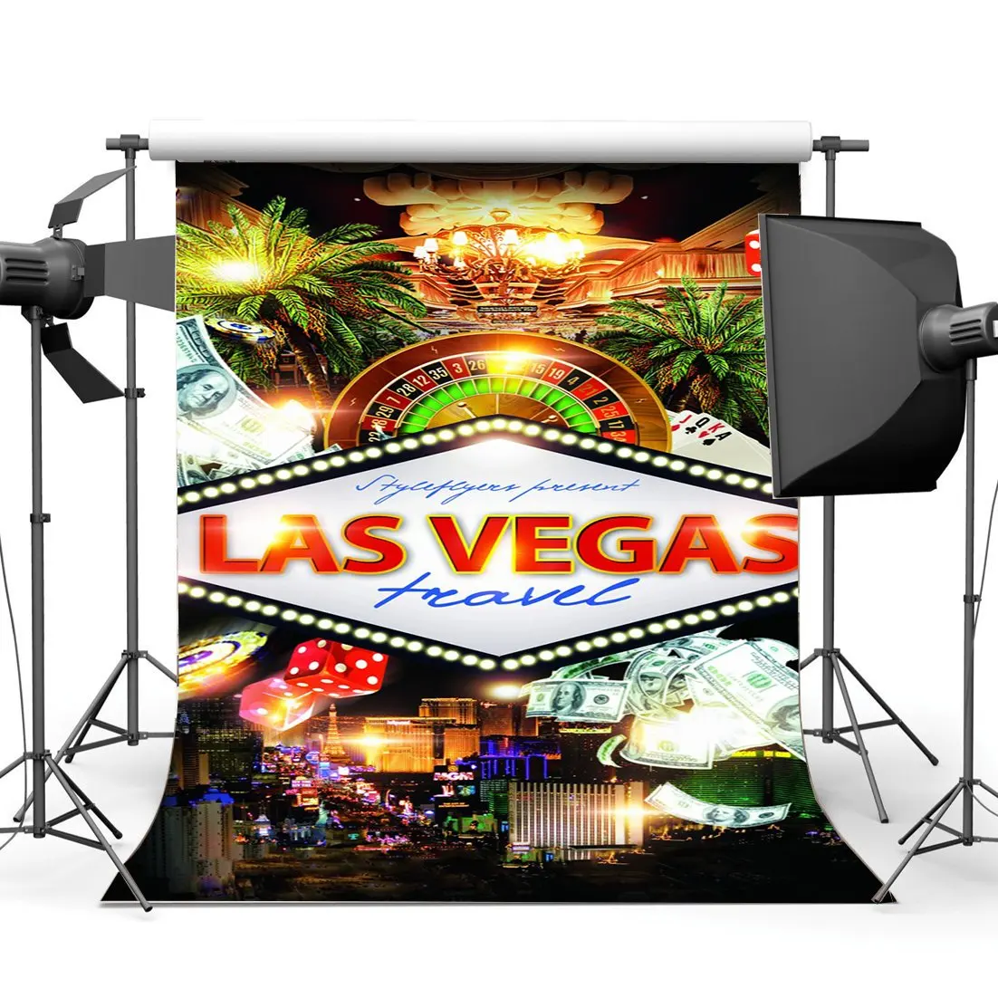 

Photography Backdrop Las Vegas Cityscape Coconut Tree Night Scene Backdrops Seamless Kids Background