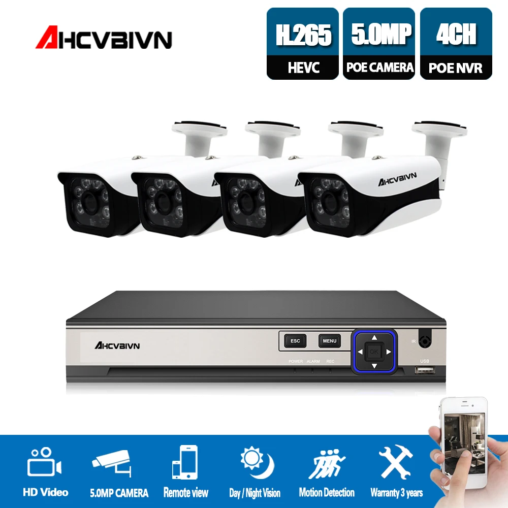 

H.265 4CH 5MP CCTV POE Security System 5MP HD POE NVR Kit 5.0MP Bullet outdoor POE IP Camera P2P ONVIF Video Surveillance Set