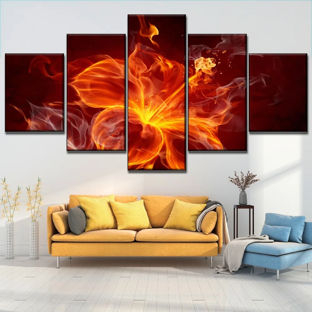 

3D Artistic Abstract Fire Flowers Top-Rated Canvas Print 5 Piece Modular Large Poster Modern Wall Home Decorative Living Room