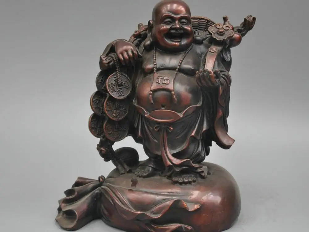 

10'' China Happy Maitreya Laughing Buddha Stand On Money Bag Bronze Statue