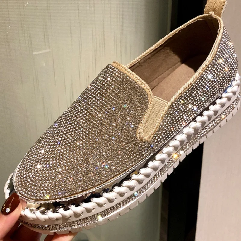 

2019 spring new one-legged thick lazy casual rhinestones Joker Loafers women's shoes