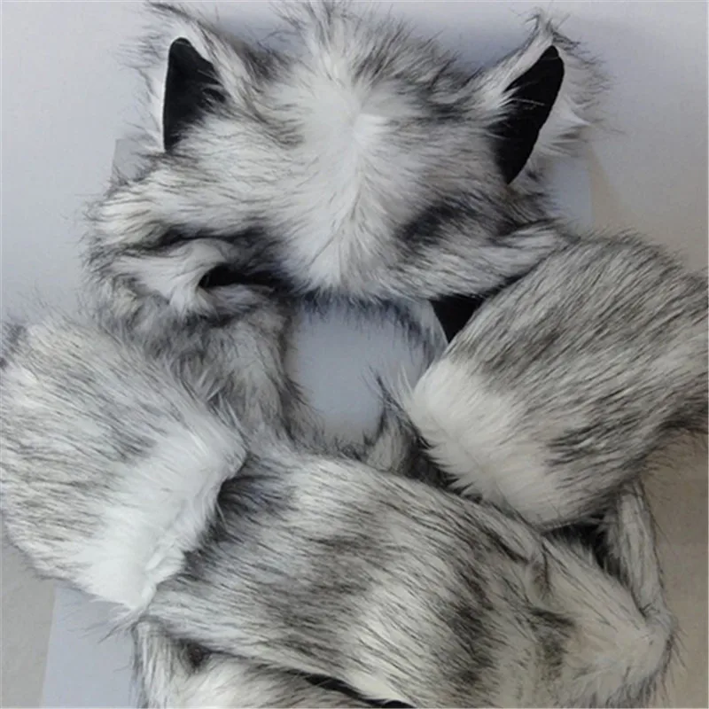 Женская мода Волк уши лапы искусственный мех 3 в 1 Женская шапка шарф варежки зимняя теплая шапка с дизайном «волк»