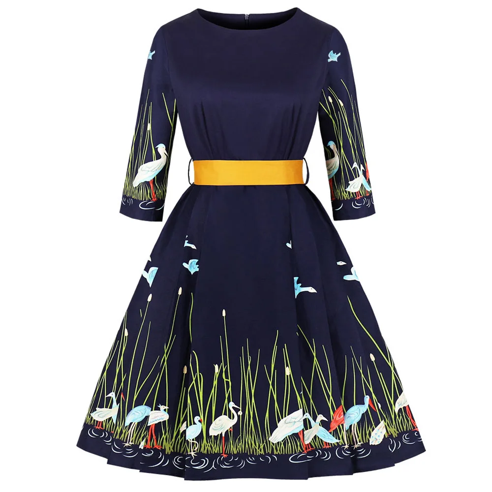 

Joineles Audrey Hepburn 1960s Autumn Women Vintage Dress Navy Swan Print Belts Feminino Vestidos Rockabilly Party Retro Dress