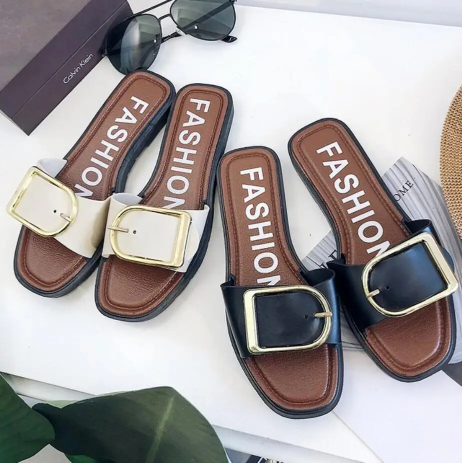 

2019 new belt buckle slippers female summer wear women's shoes flat bottom non-slip soft bottom female sandals beach shoes women