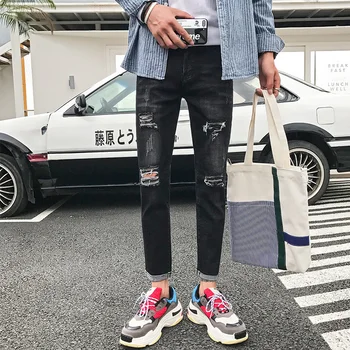 

2018 Autumn Men's New Fashion Casual Loose Youth Personality Temperament Wild Solid Color Cotton Slim Hole Denim Trousers