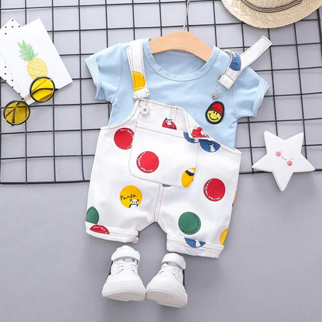 

Toddler Kids Baby Boy Girls Outfits Clothes Smile Face T-shirt+Straps Shorts Set children clothes roupa infantil kids clothing