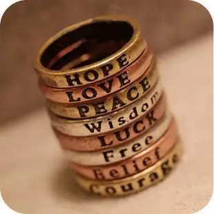 

60PCS mixed styles Retro Wishing Rings HOPE LOVE LUCK PEACE BELIEF COURAGE WISDOM