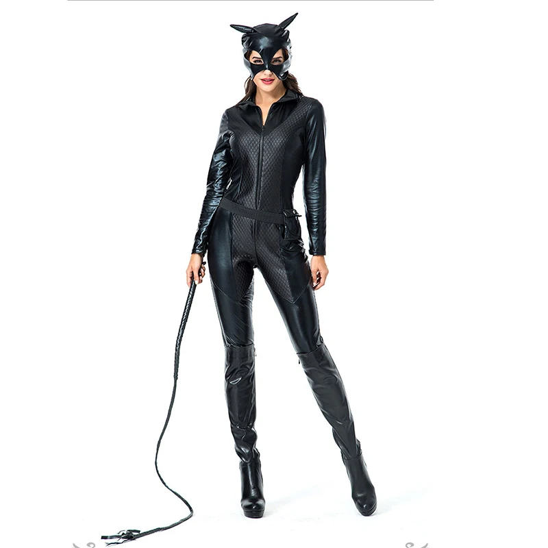 Новые пикантные кошачий Для женщин костюм Для женщин Искусственная кожа костюм Бэтмена, Косплей Черный комбинезон из латекса с котом на Хеллоуин Для женщин костюм