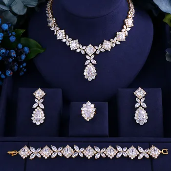 

jankelly Gold-Color Clear Stone Brilliant Cubic Zirconia Wedding Jewelry Sets For Women Bridal 4 pcs Earring Ring Necklace Set