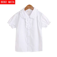 Белые блузки для девочек; коллекция года; летняя кружевная блузка с короткими рукавами для девочек; модные школьные блузки для девочек с отложным воротником