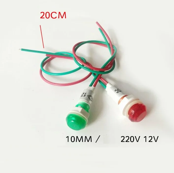 Red Green Yellow 10mm Prewired LED Snap-In Panel Indicator Light 220V 