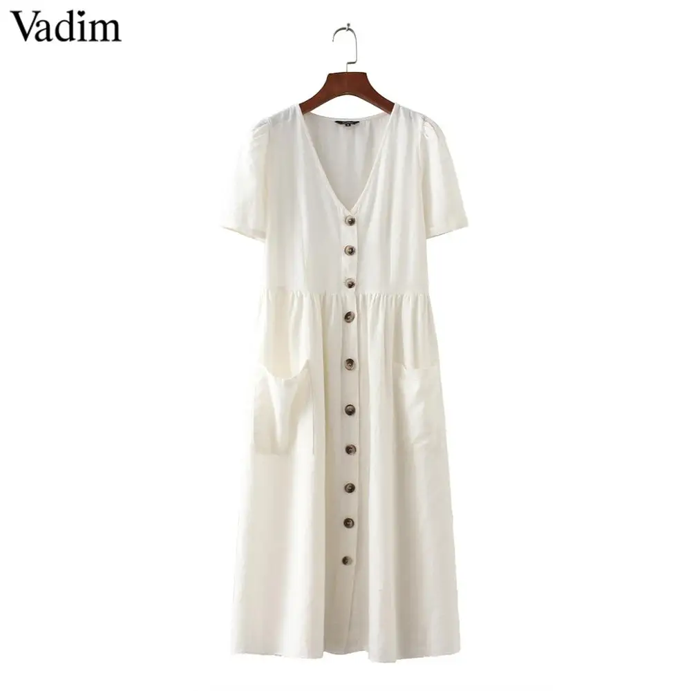 Vadim женское сексуальное однотонное платье миди с v-образным вырезом, карманами и пуговицами, короткий рукав, плиссированное женское повседневное Брендовое шикарное платье, vestidos QZ3650 - Цвет: Beige