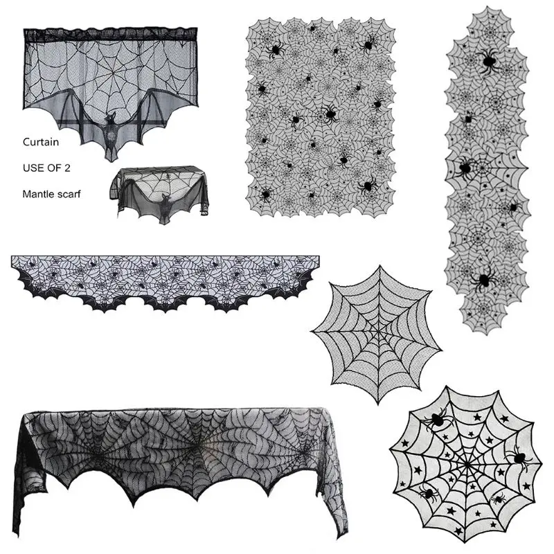 

Halloween Spider Web Black Table Runner Lace Tablecloth Cover Party Table Decor