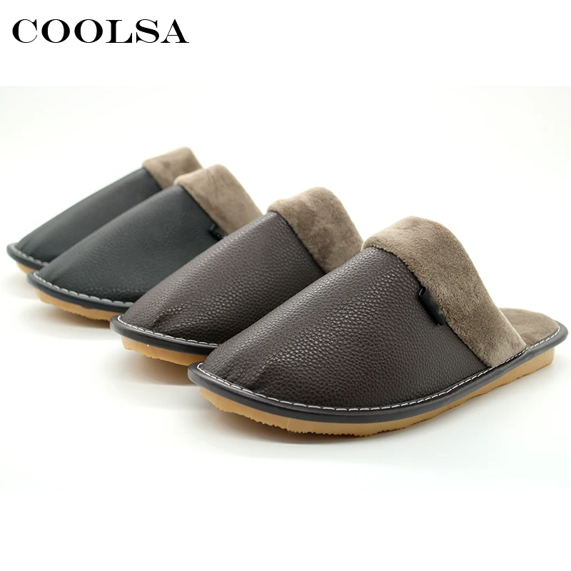 Winter Men Leather Cotton Slippers Soft PU Short Plush Flat Oxford Non-Slip Home Slippers