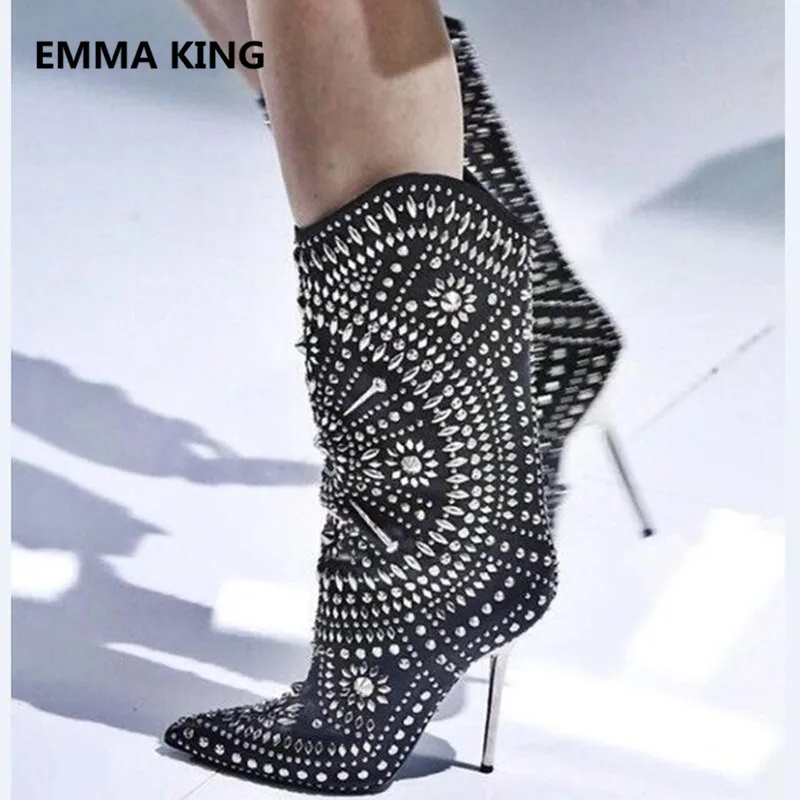 

New Design Metal Thin Heel Women Mid-Calf Boots Slip On Pointed Toe High Heels Ladies Winter Punk Shoes Woman Short Knight Boots