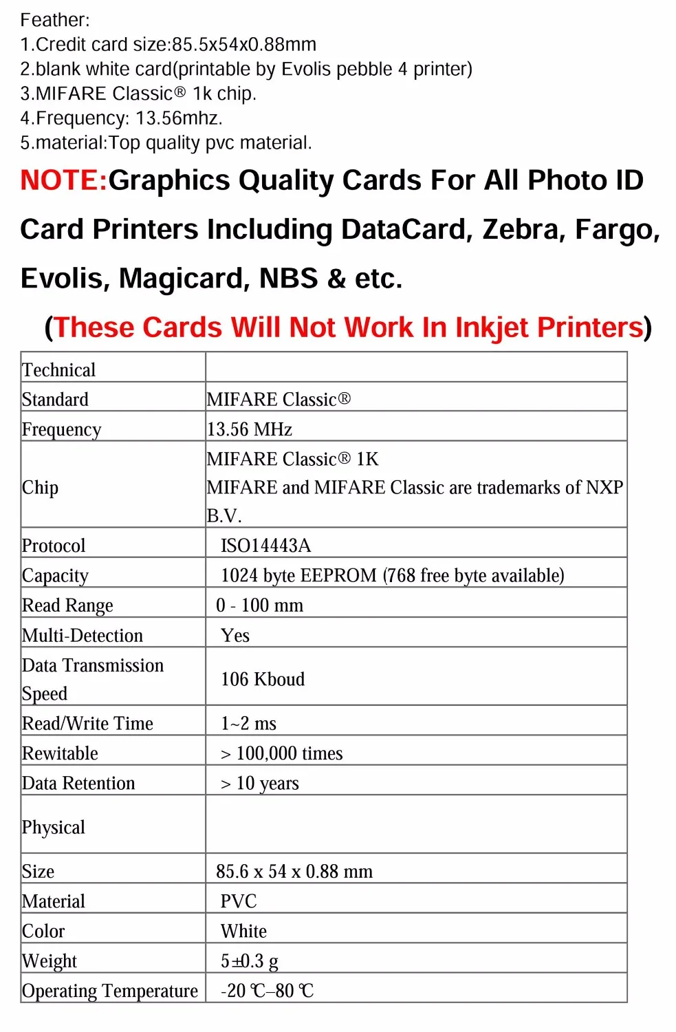 ISO14443A 13,56 МГц RFID MIFARE Классическая 1K карта работает с RC522 Arduino-200 шт