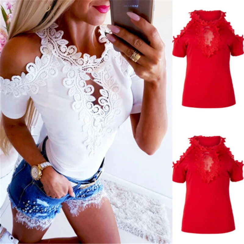 

Women Cold Shoulder Shirt Tops New Fashion Ladies Short Sleeve Lace Hollow Out Summer Solid Casual Shirts Blouse
