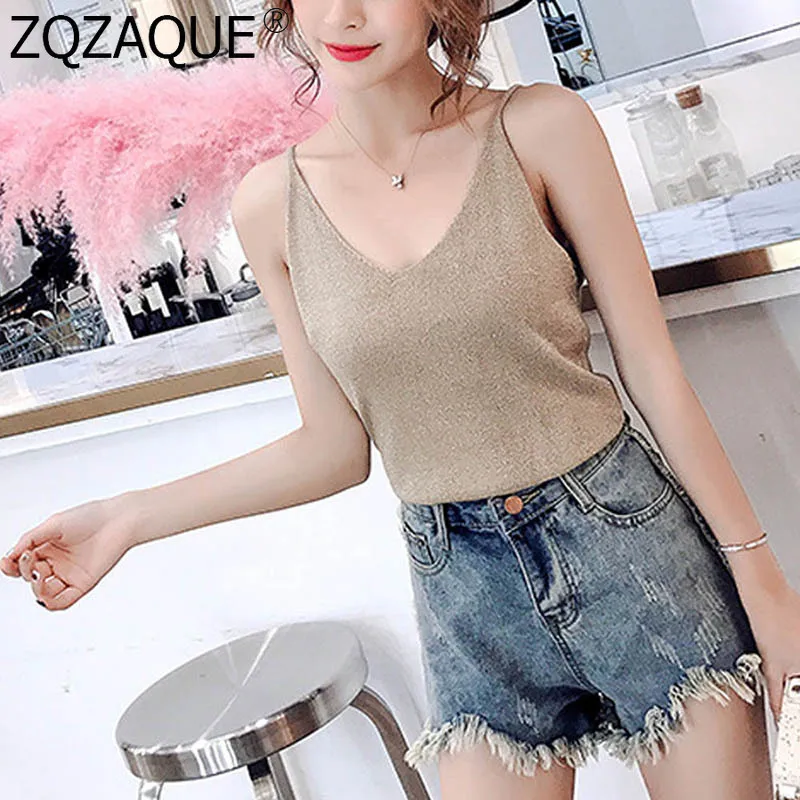 

High Quality Cheapest Summer Sleeveless Top Women Tshirt Camis Sexy V Neck Knit Tanks Tops 19 Colors Fashion All-match T-shirts