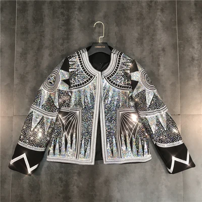 DEAT Женская Блестящая куртка с серебряными блестками и геометрическим рисунком, куртка-бомбер с круглым вырезом, пальто с вышивкой в национальном стиле, Повседневная Верхняя одежда MF749 - Цвет: black