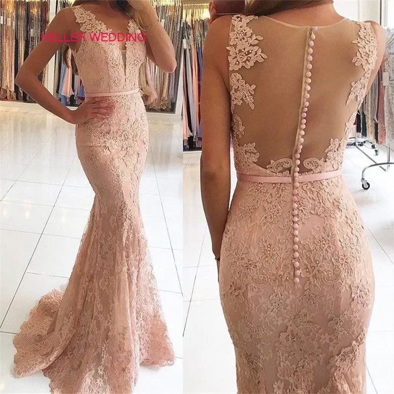

Charming Blush Pink Mermaid Prom Dress Deep V Neck Floor Length Appliqued Long Prom Dresses Lace Evening Gowns For Women