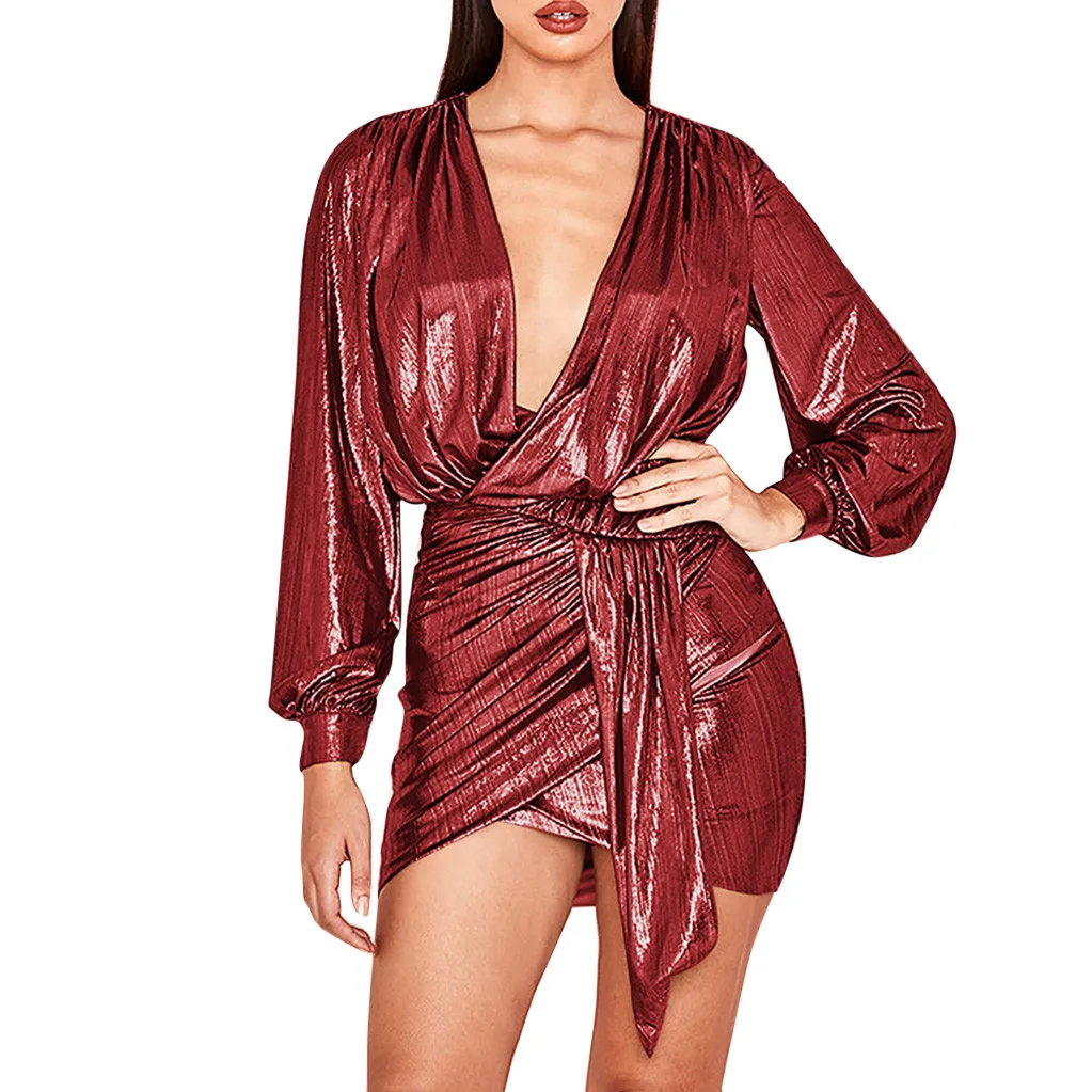 

SAGACE Women Sexy summer dress 2019 Sexy Plus Size Women Deep V-Neck Dresses Bandage Solid Slim Long Sleeve Club Fork Mini Dress