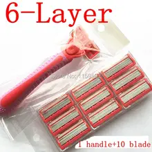 Novo 1 handle + 10 pcs 6 camadas cabeça barbeador Elétrico Homens navalha Navalhas de Lâmina de Barbear Lâminas de mulheres do sexo feminino usar para RU & EUR navalha
