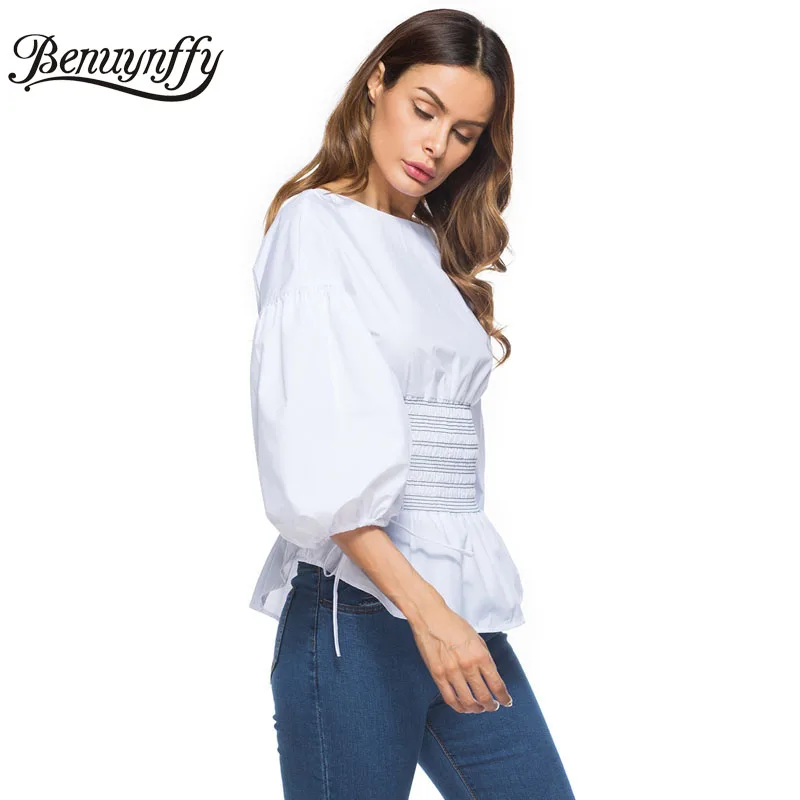 Benuynffy السيدات جديد وصول نفخة كم بلوزة قمم الأزياء 2019 المرأة مطاطا الخصر التعادل 3/4 كم الأبيض أنيقة بلوزة X555
