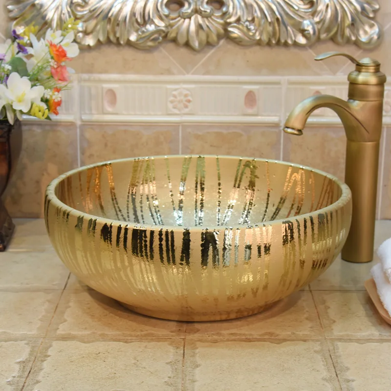 Chinese washbasin ceramic sink Jingdezhen Art Counter Top golden porcelain ceramic wash basin bathroom sink (8)