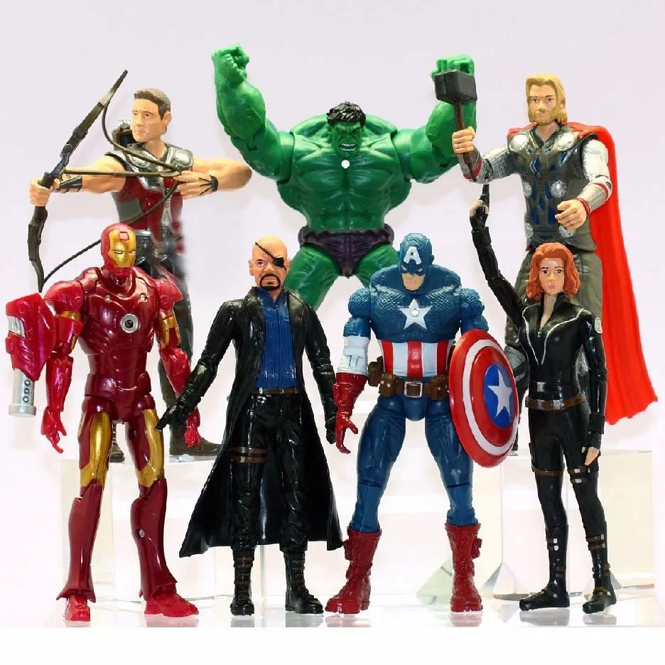 

7 Pieces/lot 15CM Anime Avengers 2 Batman Spider-Man Iron Man Superhero League Model Toy Gifts for Boys PVC Doll Hand do Toys