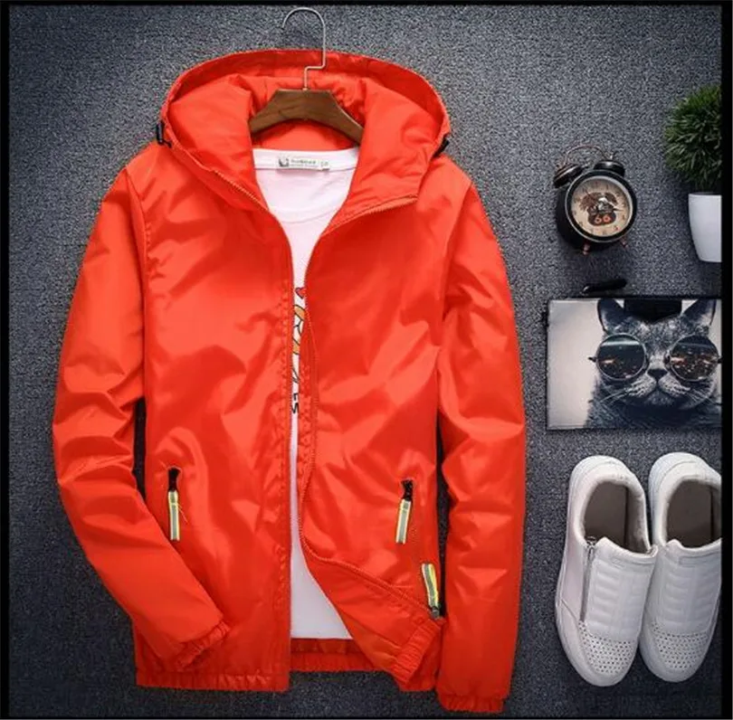 Новая мужская повседневная куртка-бомбер с капюшоном, Весенняя Осенняя хип-хоп куртка размера плюс, ветровка, спортивная куртка на молнии, пальто, верхняя одежда 6XL 7XL - Цвет: Оранжевый