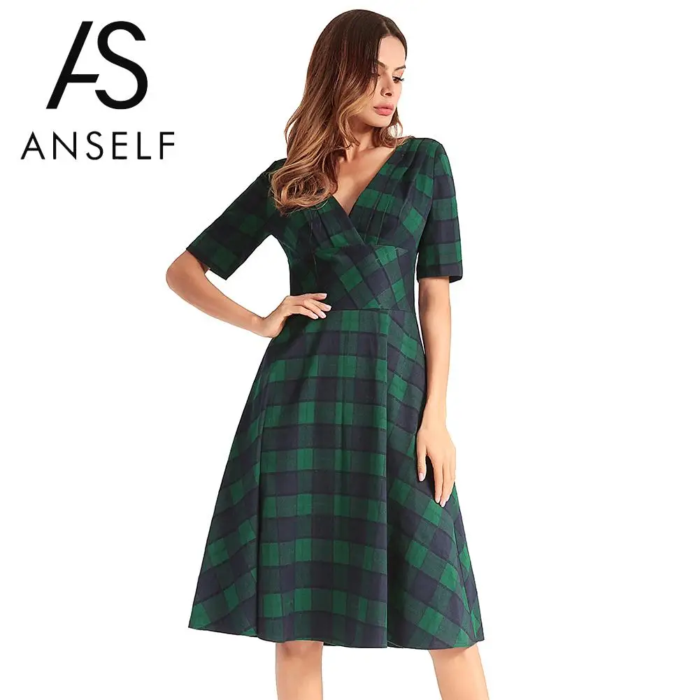 Aliexpress.com : Buy Anself Fashion Women Plaid Checked Midi Dress V Neck Short Sleeve Slim 