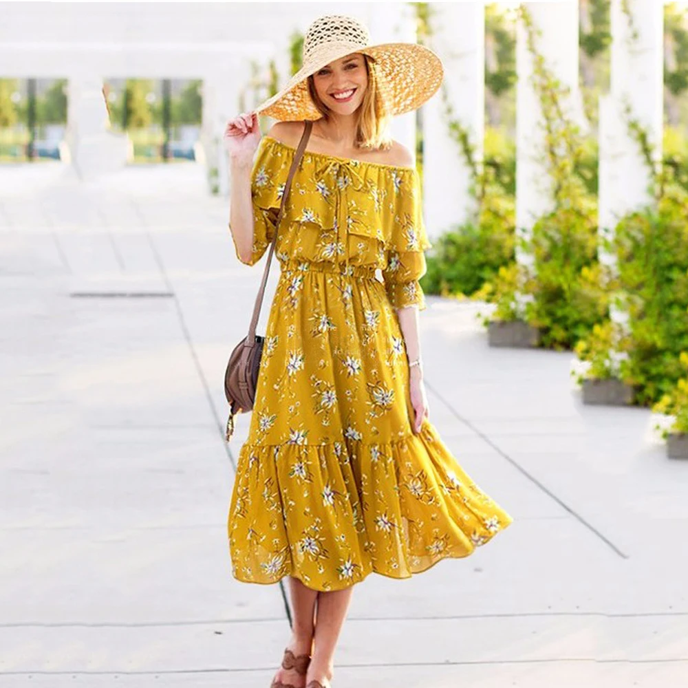 FEIBUSHI Off Shoulder Ruffle Cold Shoulder Flower Print Summer Dress Strapless Short Sleeve Dress Women Bohemian Chiffon Dress