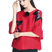 Miyake раза o-образным вырезом рубашка с коротким рукавом пункт фонарь рукав пальто