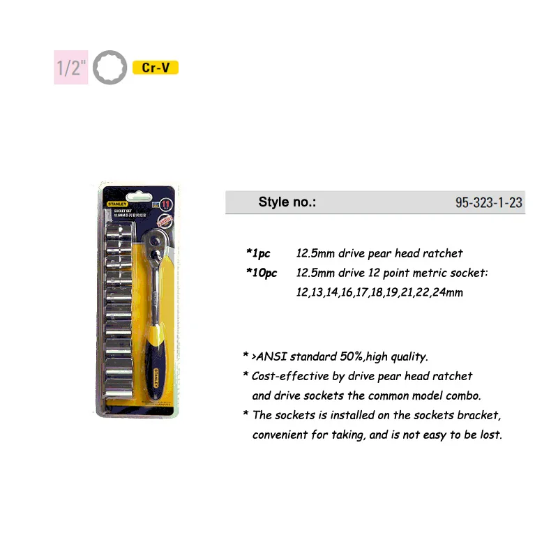 Stanley 11 piece metric 1/2 inch 12-point 12.5mm CR-V drive socket set wrench kit with ratchet lifetime warantee Stanley 11 piece metric 1/2 inch 12-point 12.5mm CR-V drive socket set wrench kit with ratchet lifetime warantee