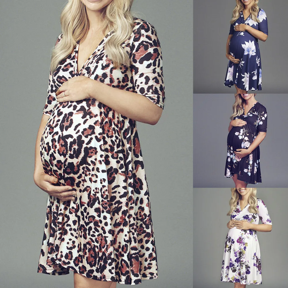 Women clothing maternity dress ropa de mujer Pregnant Leopart Floral Midi Tea Dress Maternity Photography Nursing Dress