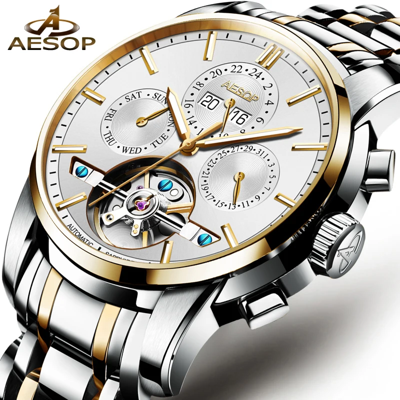 

Aesop Watch Men Automatic Mechanical Wrist Wristwatch Watch Stainless Steel Male Clock Men Relogio Masculino Complete Calendar