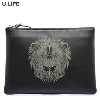 

U.LIFE - High-end Top Fashion Lion Totems Designer Gurantted Quality Individual Soft Leather Wristlet Men Handbags for iPad J50