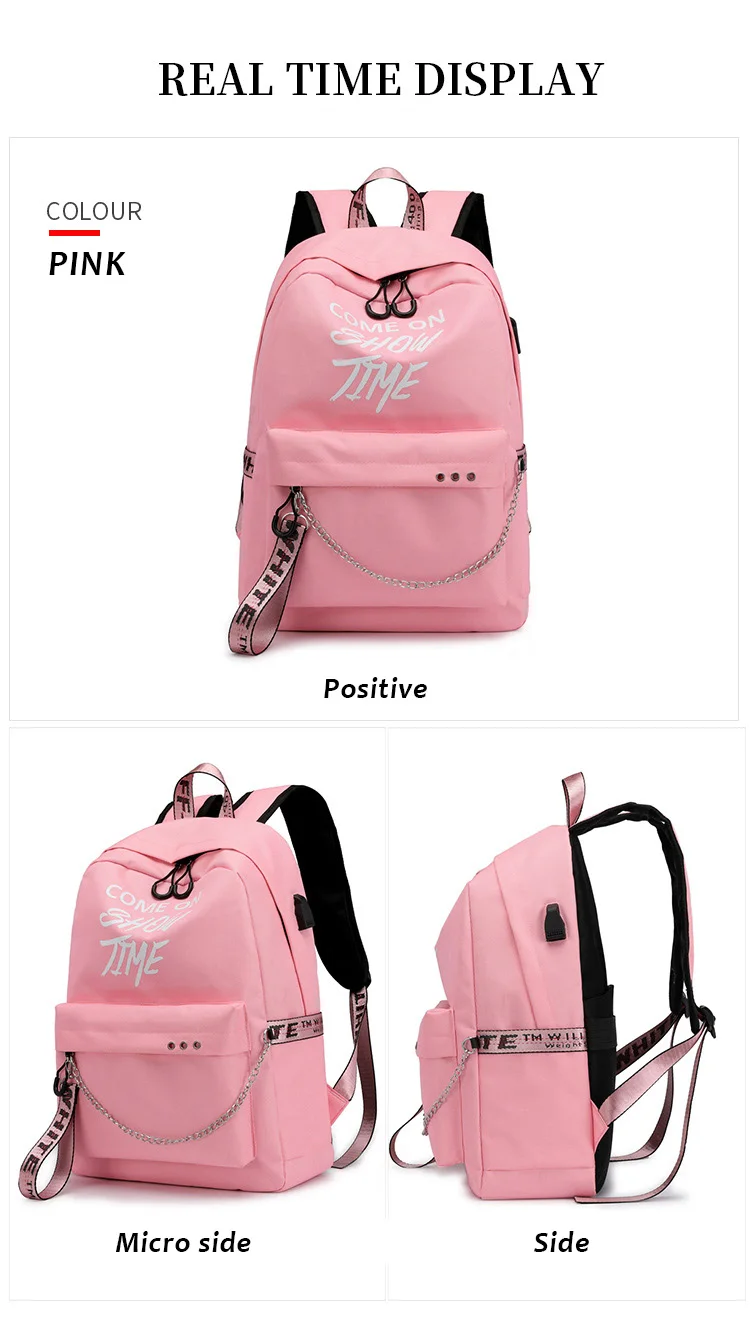 Женский водонепроницаемый рюкзак из полиэстера, рюкзак для колледжа с USB, Одноцветный декоративный рюкзак с буквами и лентой, черный, красный, черный, серебристый