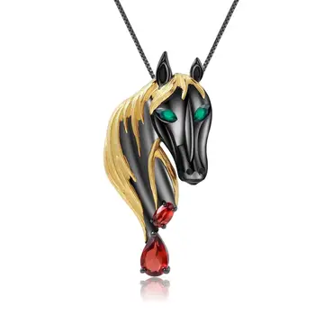 

GEM'S BALLET Natural Red Garnet Real 925 Sterling Silver Zodiac Horse Head Pendant Brooch For Women Gemstone Jewelry