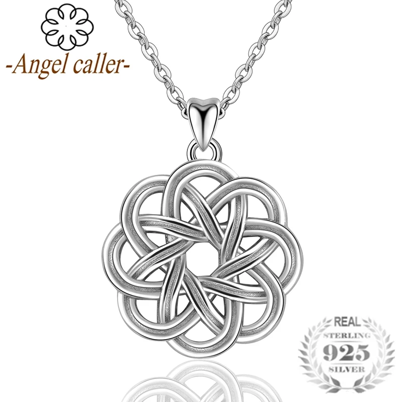 

Angel Caller Authentic 925 Sterling Silver Celtics Eternity Knot Pendant Necklaces Women Silver Jewelry Vintage Round Collares