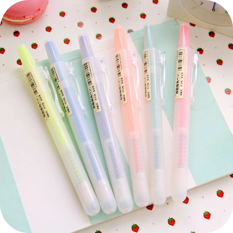 

6 pcs Natural Fluorescent color highlighter pen 5mm Knock type marker pens Non-toxic Stationary Office School supplies FB844