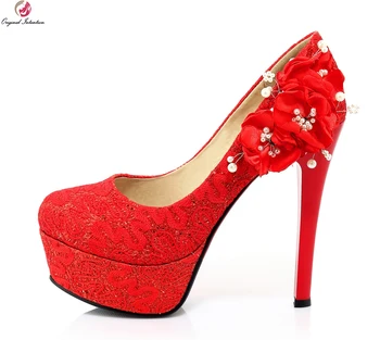 

Original Intention Women Wedding Pumps Nice Flowers Round Toe Thin Heels Pumps Black Red Nubuck Leather Shoes Woman US Size 4-9